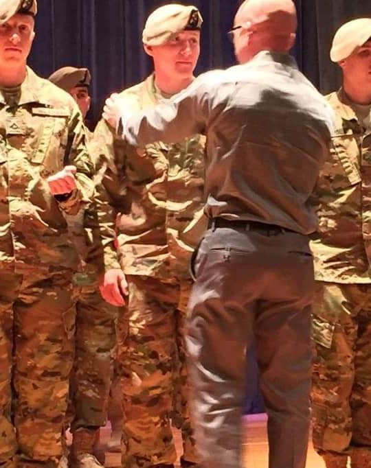 Drexel University College of Nursing and Health Professions Health Science student Nicholas Eltman in a tan beret and U.S. Army fatigues at his graduation from the Ranger Assessment and Selection Program (RASP).